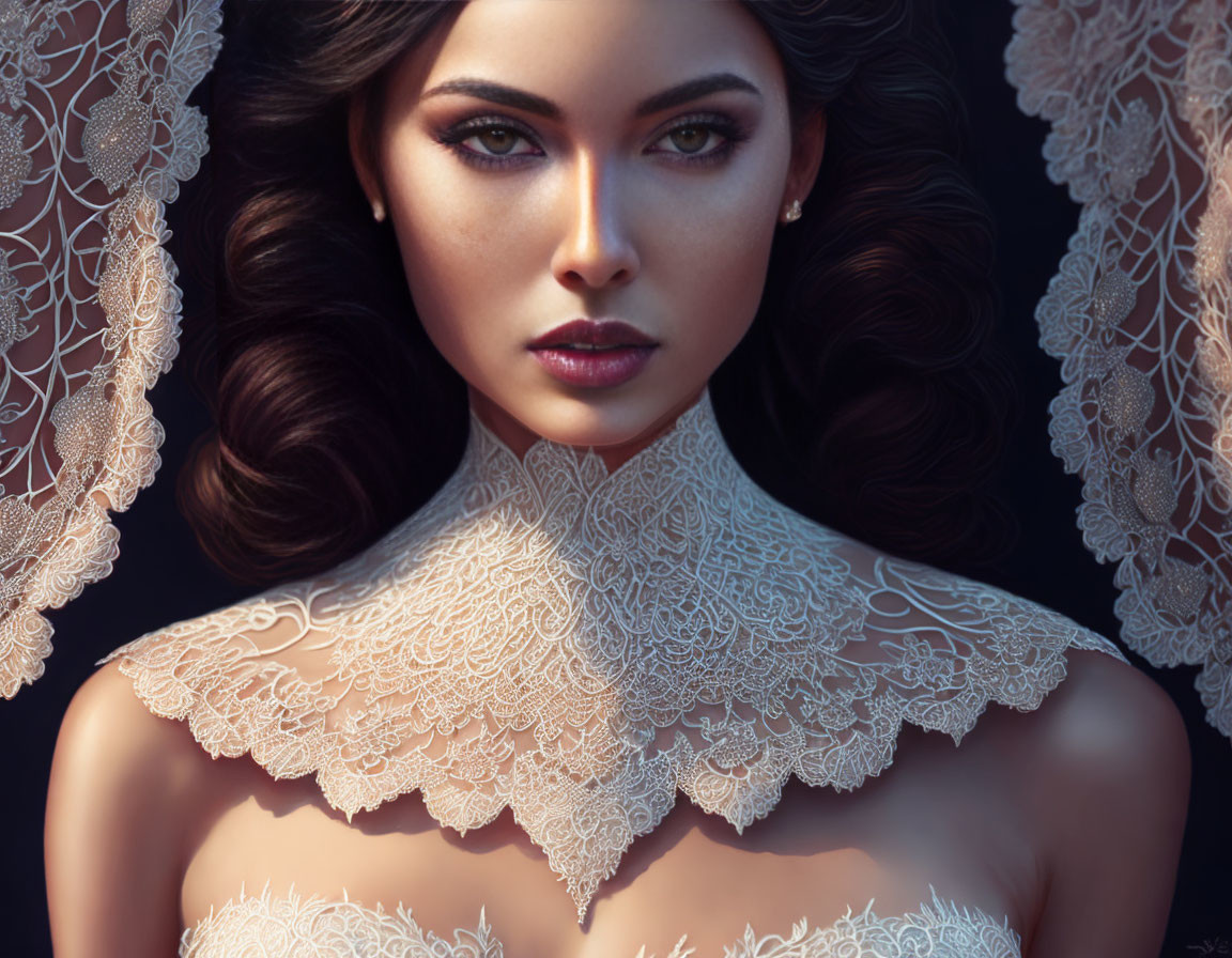 Digital Artwork: Woman with Striking Eyes and Lace Collar