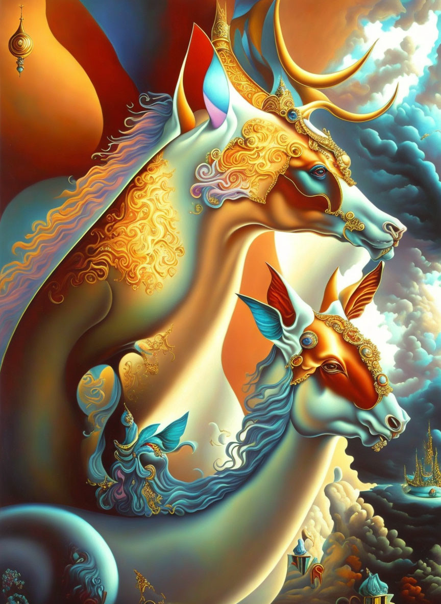 Colorful surreal painting: Three stylized bulls with ornate horns in celestial setting