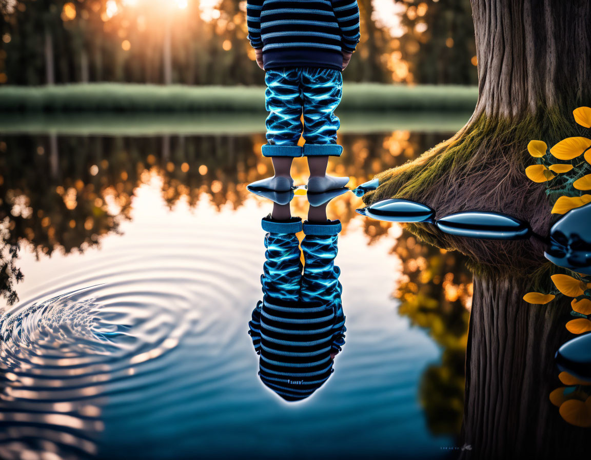 Child in Striped Attire Standing on Tree Stump Reflected in Still Water at Sunset or Sunrise