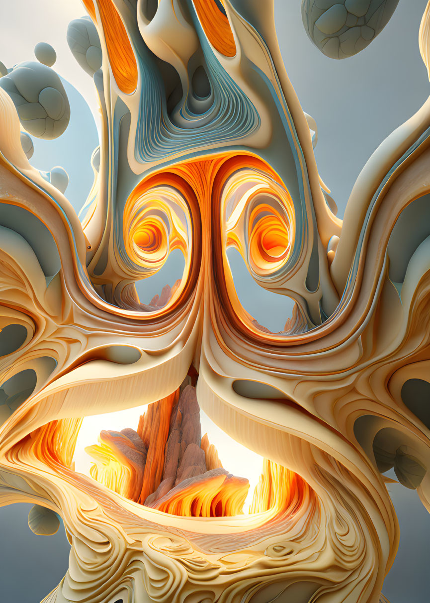 Organic fractal art with swirling patterns in earthy tones against a soft sky