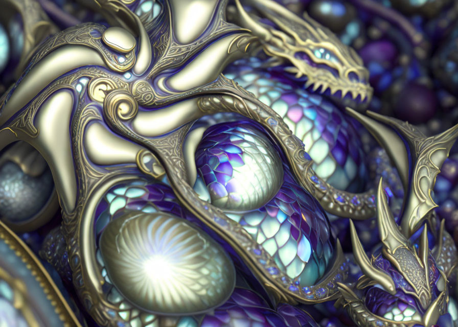 Detailed Metallic Dragon Artwork with Purple and Gold Spheres
