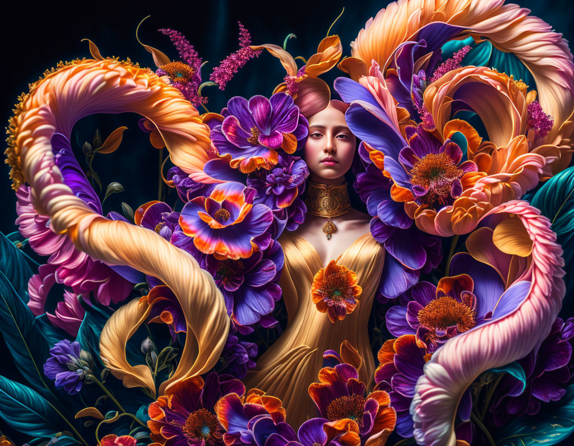 Colorful Woman Surrounded by Vibrant Swirling Flowers