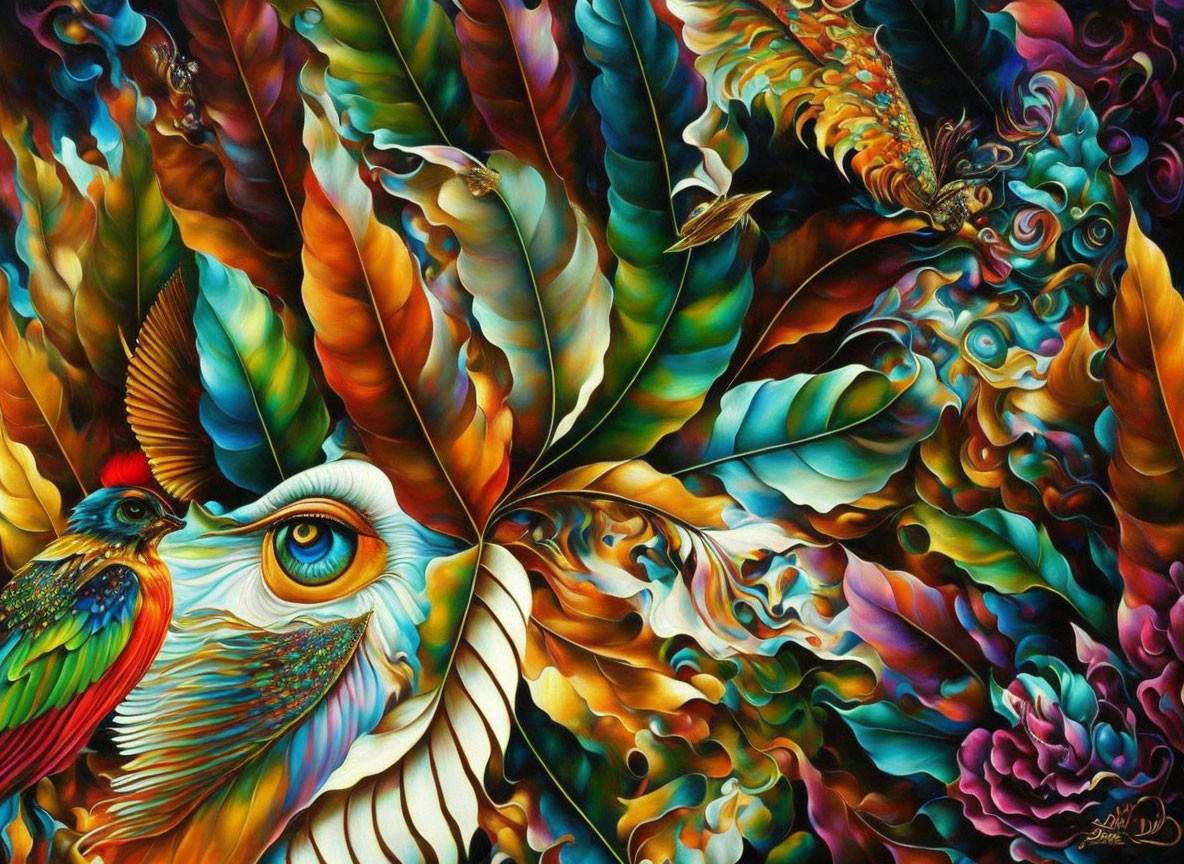 Colorful Psychedelic Artwork: Owl's Eye, Hummingbird, Swirling Patterns