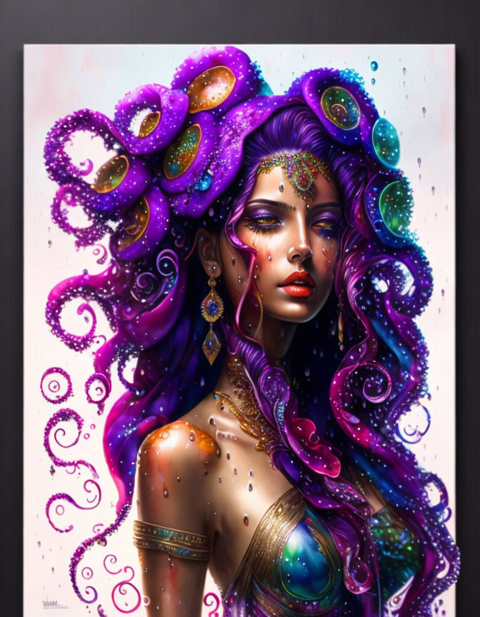 Colorful artwork featuring woman with purple octopus-like hair and space-themed adornments.