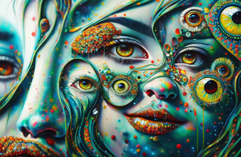 Colorful Psychedelic Artwork with Overlaid Faces and Intricate Patterns