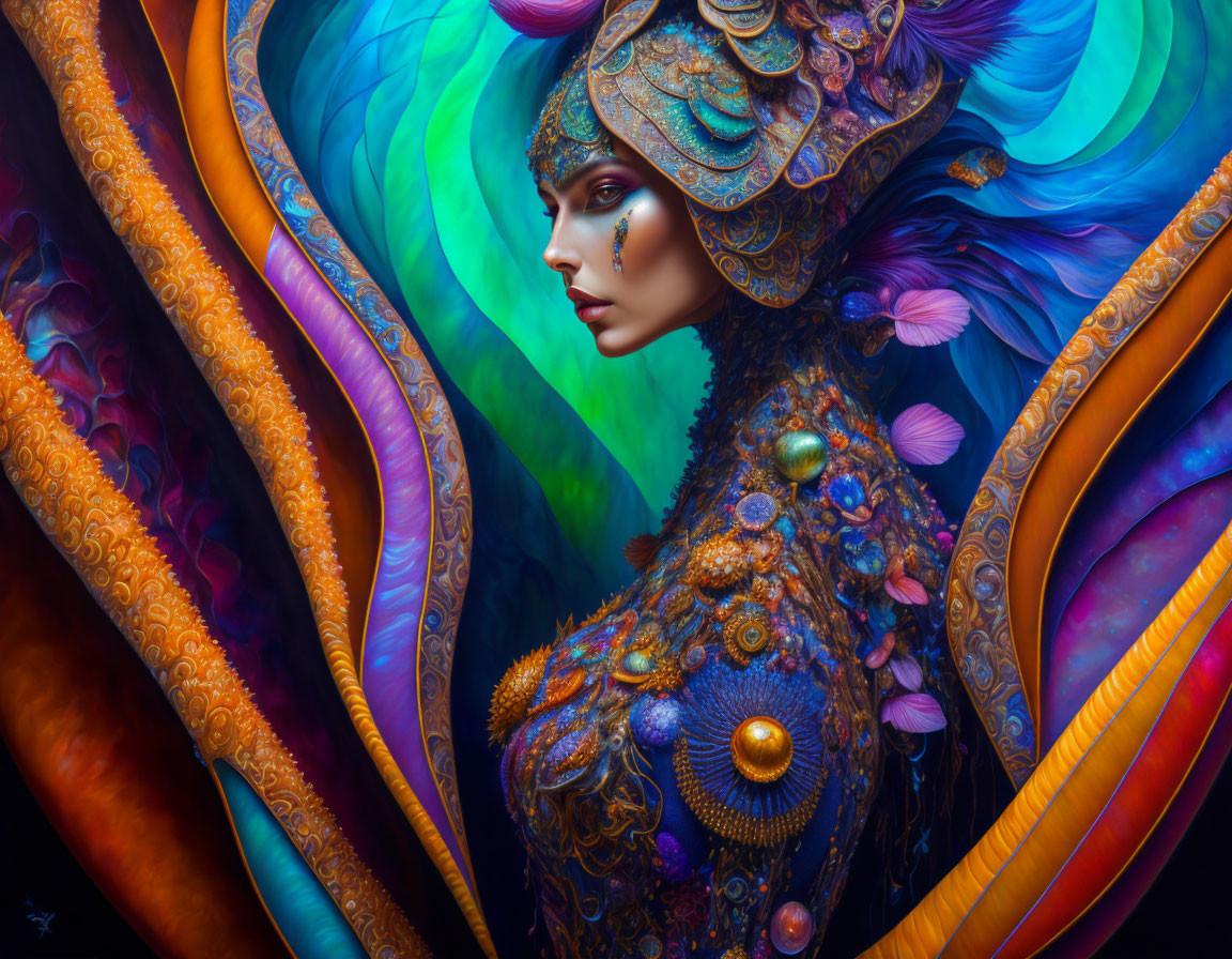 Colorful Artistic Image of Person in Peacock-Inspired Attire and Headdress