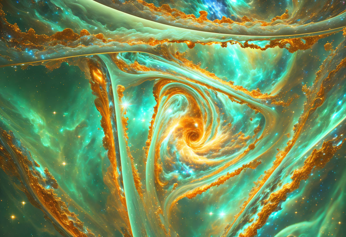 Abstract cosmic swirls in turquoise and gold color palette