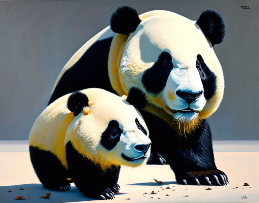 Vibrant illustration of two pandas resting and sitting together