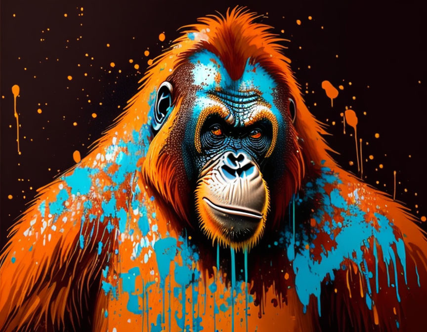 Vibrant orangutan digital artwork with blue and yellow splashes