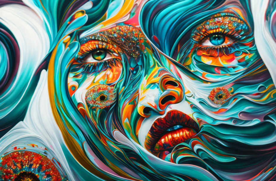 Colorful Psychedelic Painting of Swirling Faces and Patterns