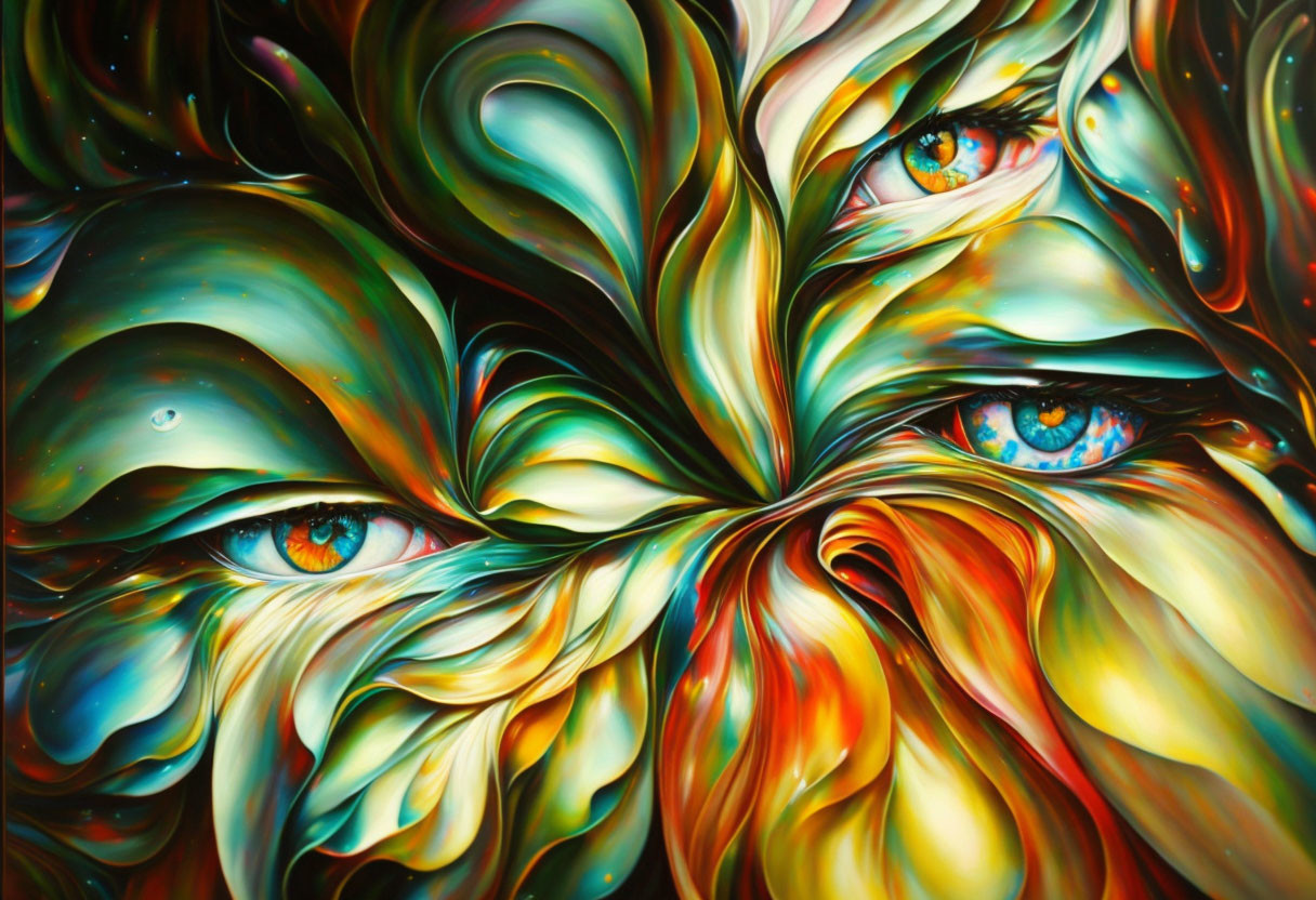 Colorful Abstract Painting with Swirling Patterns and Realistic Eyes