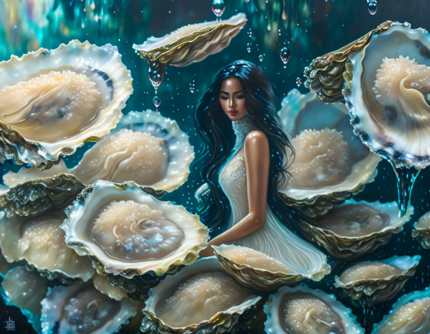 woman surrounded by oysters