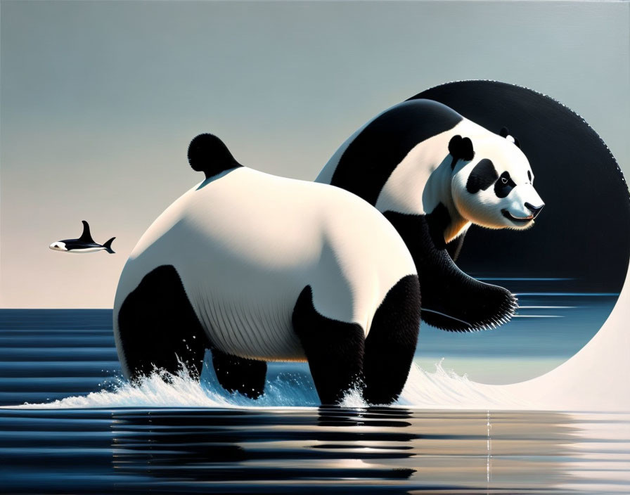 Stylized illustration of oversized panda riding orca on calm sea