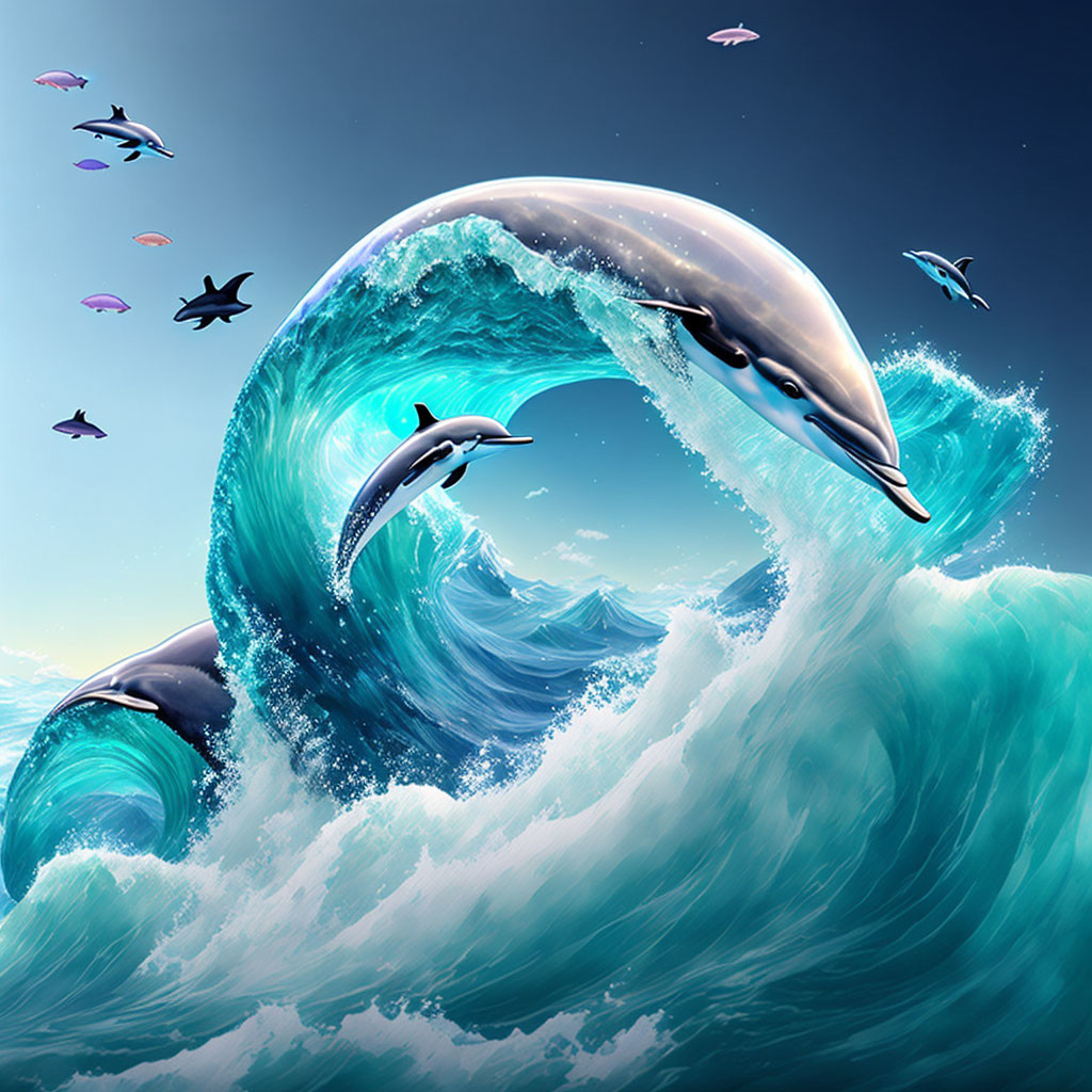 Surreal stylized artwork: dolphins in wave loop with flying birds