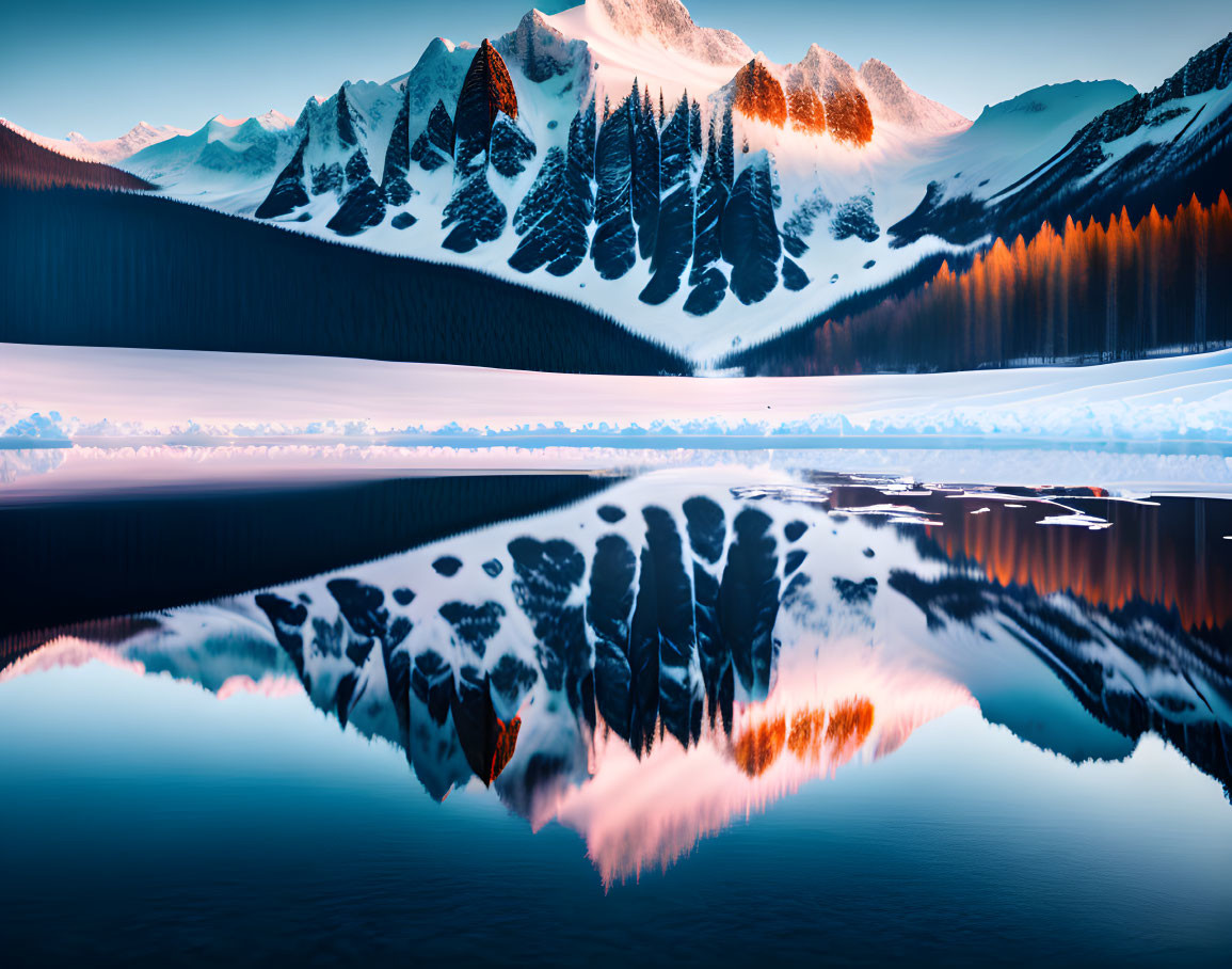 Snowy Alpine Mountains Reflecting in Tranquil Lake at Sunset