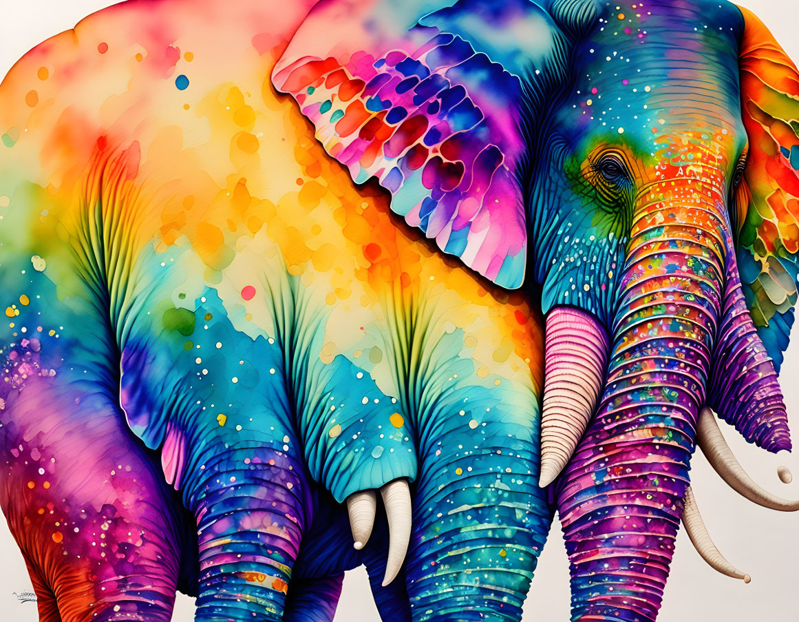 Vibrant watercolor artwork: Two elephants in colorful patterns
