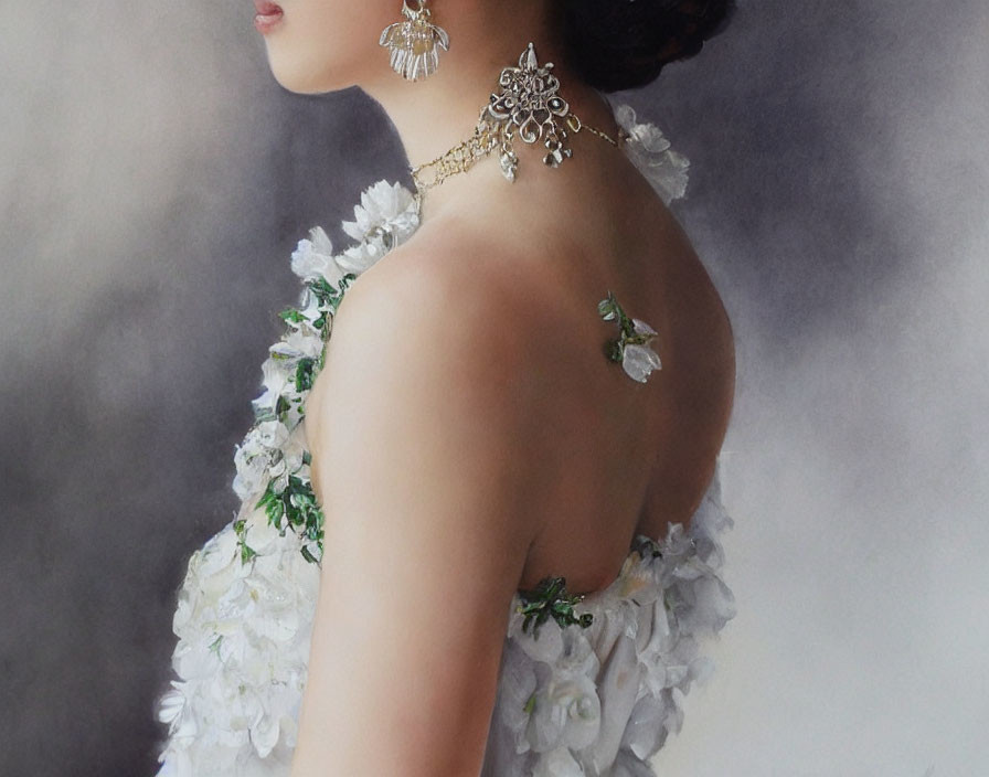 Woman in elegant updo, white floral dress with green accents and ornate earrings.