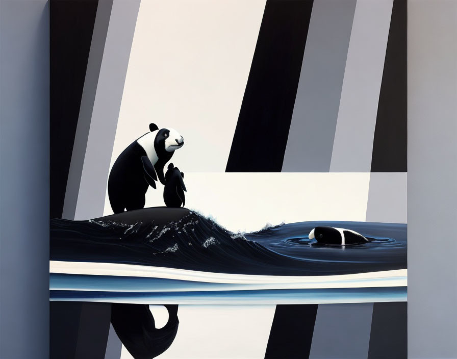 Stylized panda artwork on wavy water line with striped background