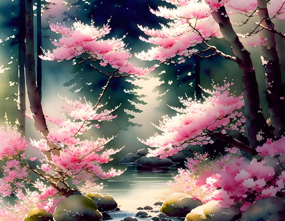 Tranquil forest creek with blooming cherry blossoms