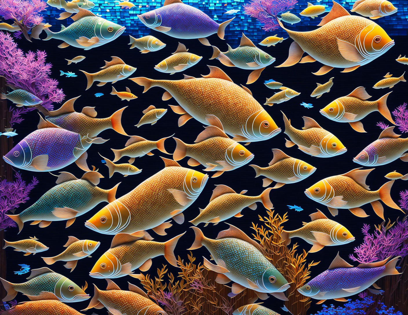 Vibrant fish swimming in coral with mosaic tile background