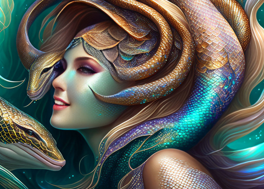 Fantastical image of woman with mermaid-like qualities and iridescent scales with snake on teal