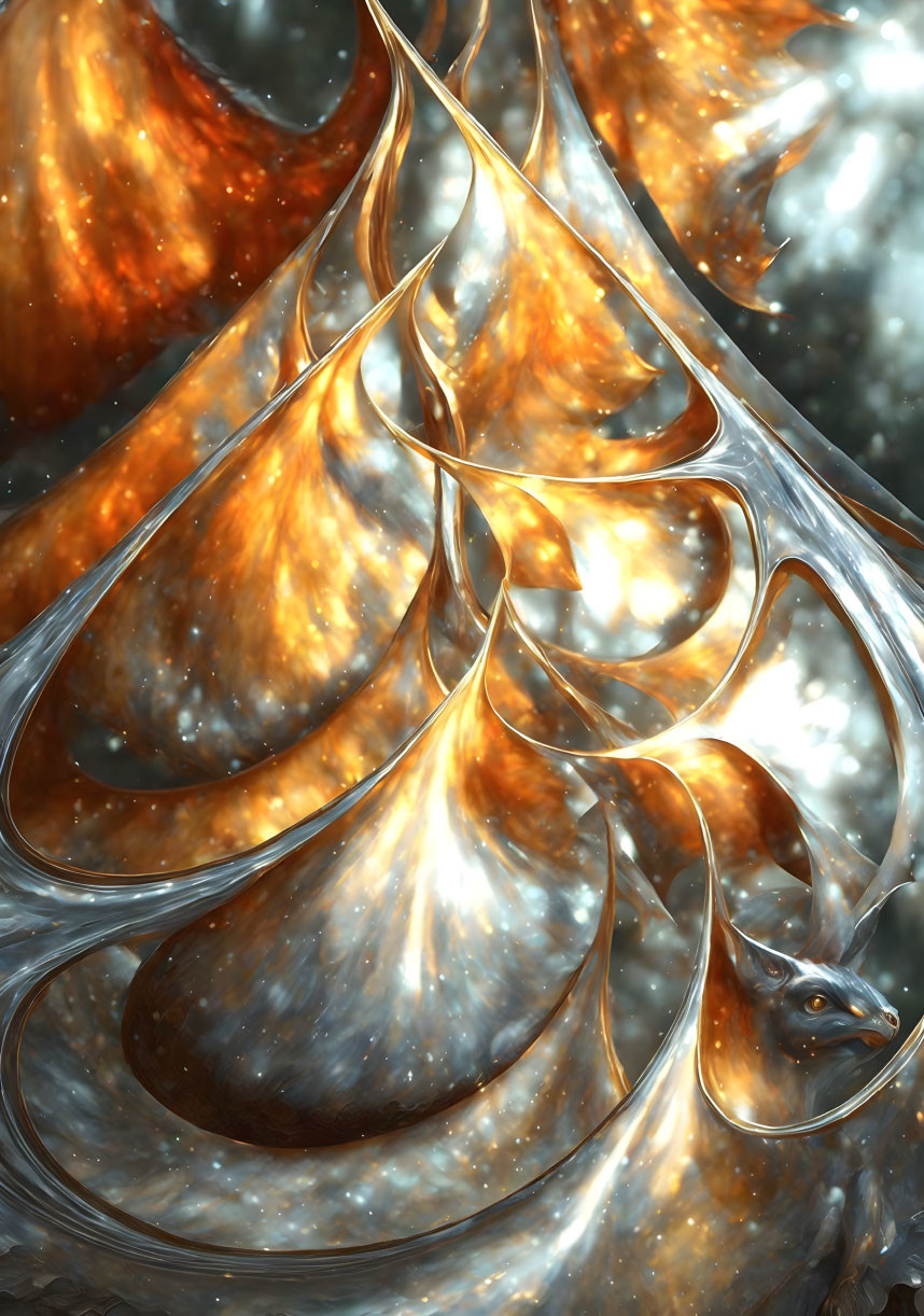 Golden flame-like fractal pattern on glossy, swirling textures.