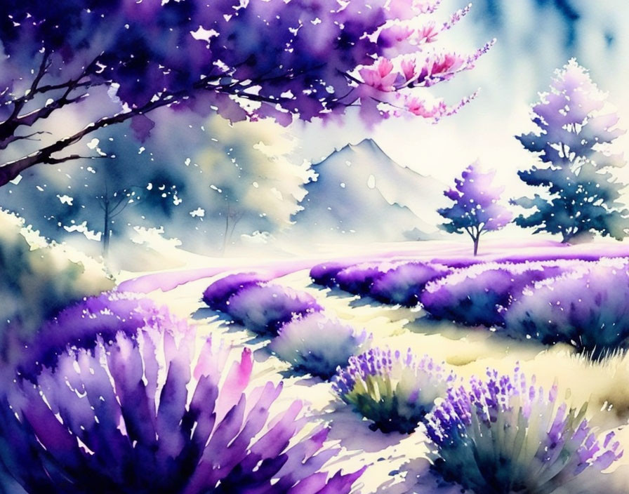 Vibrant purple landscape with blooming trees and snowy mountains