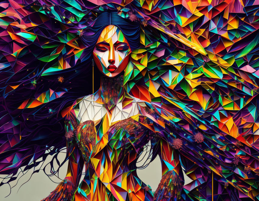 Colorful geometric background with stylized woman and dark hair