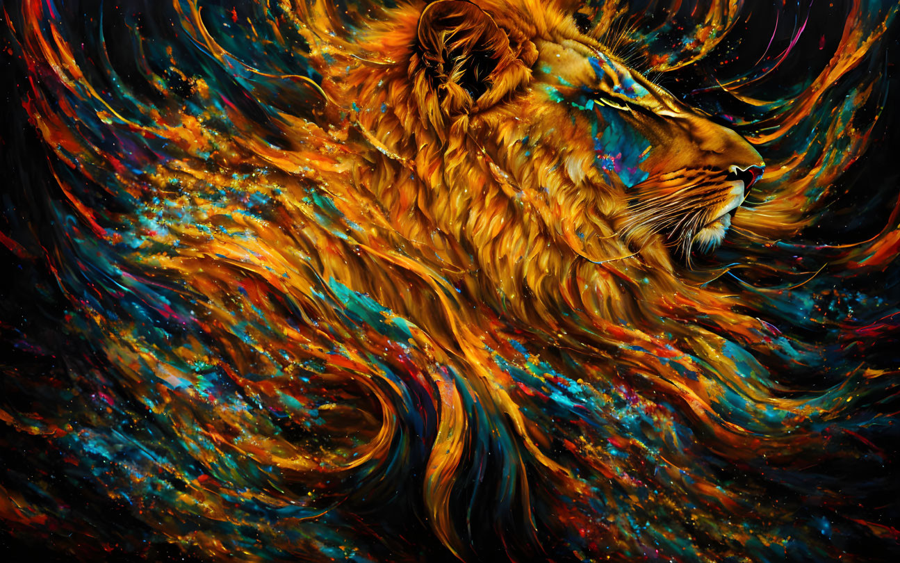 Colorful Abstract Lion Artwork with Swirling Patterns