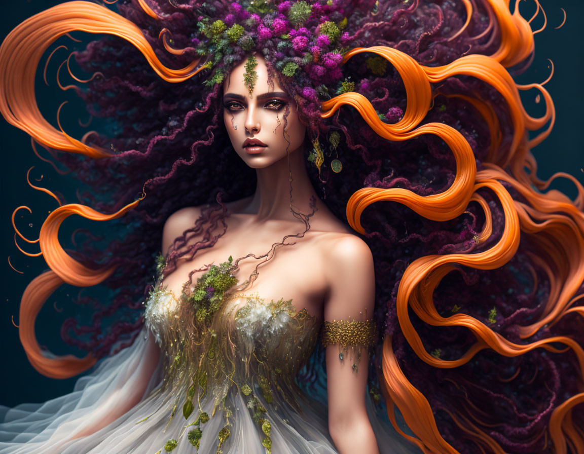 Vibrant orange-haired woman with floral crown in nature-inspired gown