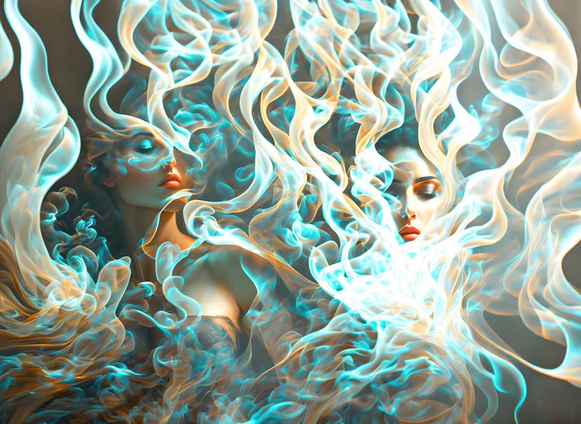 Ethereal figures with flowing blue flame-like hair in abstract swirl.