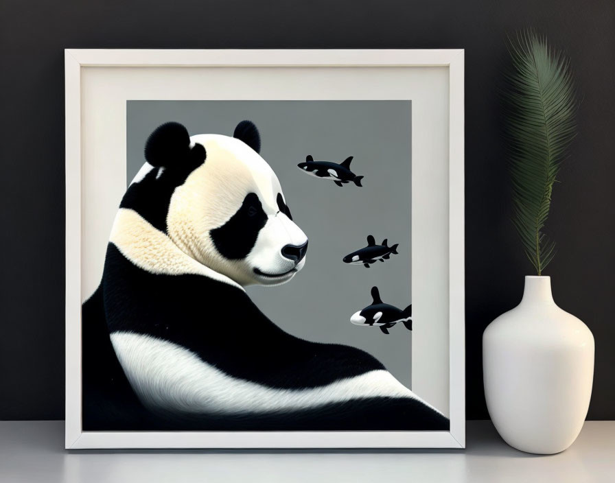 Illustration of panda with orcas in background on shelf with white vase and greenery