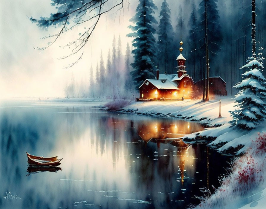 Snow-covered lakeside cabin, boat, lit church reflected in serene winter scene