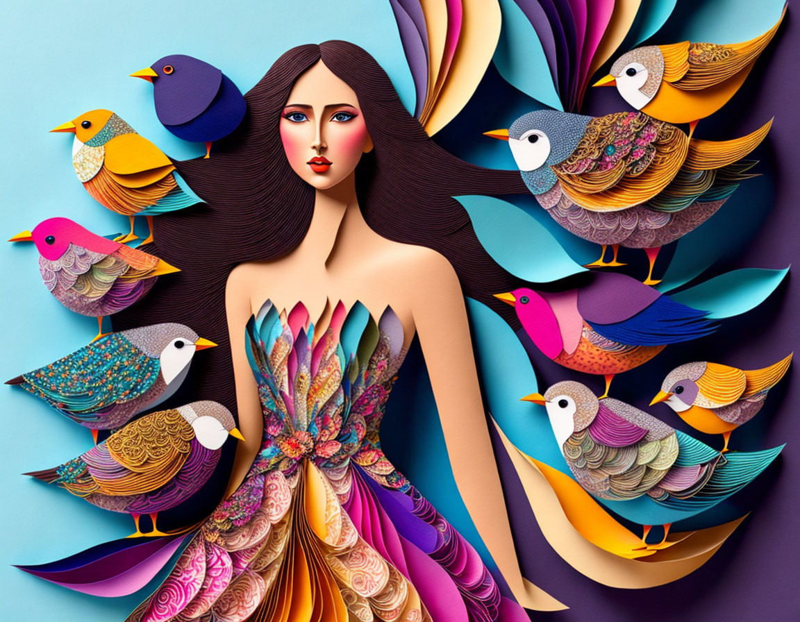 Vibrant illustration: woman with flowing hair and birds in colorful gown