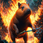 Colorful surreal artwork: Large rodent with golden key amidst fantastical elements