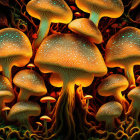 Colorful digital artwork featuring luminescent dotted mushrooms on dark background