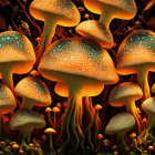 Enchanted forest with oversized mushrooms and small creatures