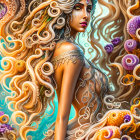 Fantastical female figure with flowing hair and tentacles in dreamlike setting