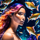 Vivid Cosmic Galaxy Woman with Flowing Hair and Painted Fish