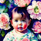Vibrant digital artwork: Baby with pink and white roses on dark blue.