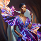 Woman in Sparkling Purple Dress Amid Vibrant, Melting Colors