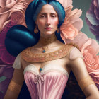 Woman with Blue Hair Surrounded by Flowers and Wearing Pink Dress