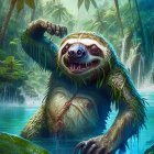 Colorful Digital Art: Smiling Sloth on Branch with Green Leaves