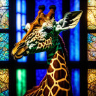 Colorful Giraffe Silhouette on Blue Stained-Glass Window