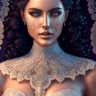 Detailed digital illustration of woman with lace skin detailing and blue eyes.