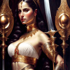 Fantasy Artwork: Woman with Dark Hair and Golden Jewelry Holding Spears
