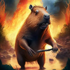 Anthropomorphic capybara with arrow in mystical forest flames