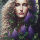 Blonde Woman Portrait Among Green Leaves and Purple Flowers