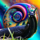 Colorful digital artwork: stylized snail with swirling patterns on rainbow background