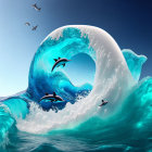 Surreal stylized artwork: dolphins in wave loop with flying birds